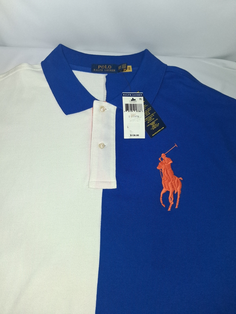 Polo by Ralph Lauren Blue and White Colorblock Polo with Orange Pony